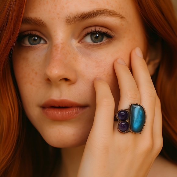 🆕️Boho Chic Labradorite & Amethyst Adjustable Copper Ring Rustic Vintage Style - Picture 2 of 16